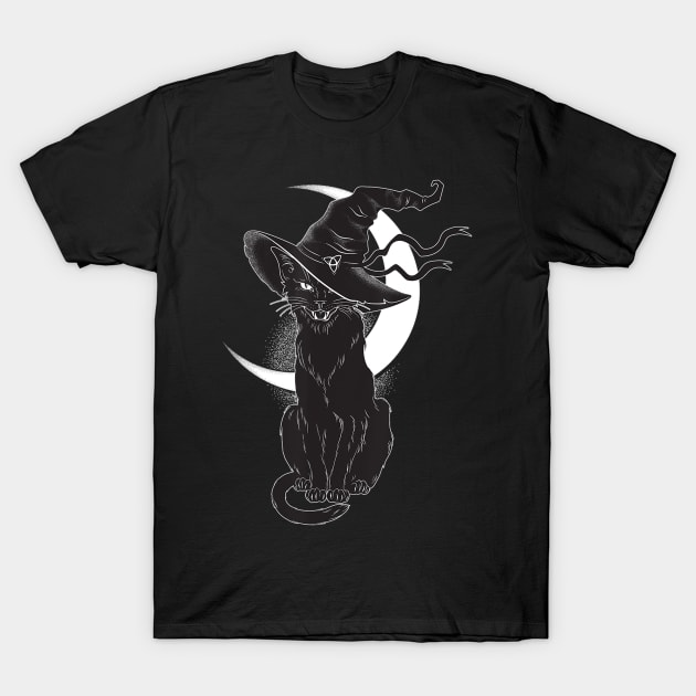 Vintage Scary Halloween Black Cat Costume Witch Hat Moon T-Shirt by MarrinerAlex